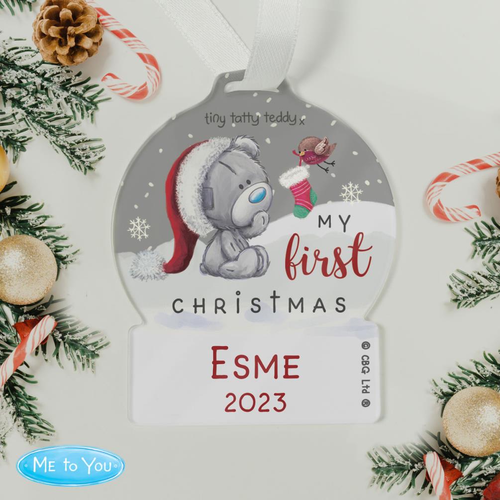 Personalised First Christmas Tiny Tatty Teddy Acrylic Snow Globe Decoration Extra Image 2